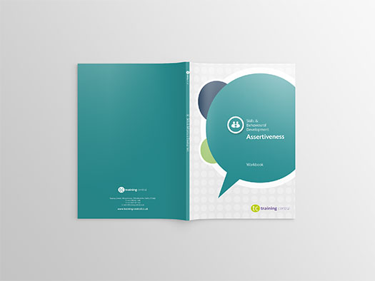 Image shows the cover spread of the workbook for Training Central's Assertiveness training materials.
