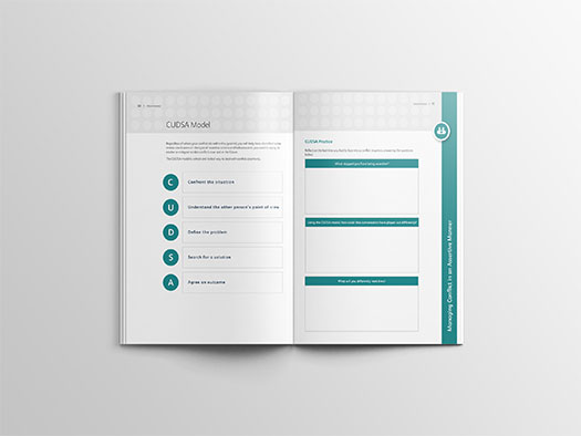 Image shows an internal double spread of the workbook for Training Central's Assertiveness training materials.