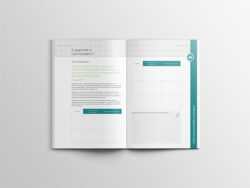 Image shows an internal double spread of the workbook for Training Central's communication skills training materials.