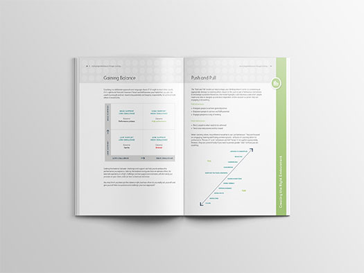 Image shows an inner page, double spread of the workbook for Training Central's coaching for high performance training materials.
