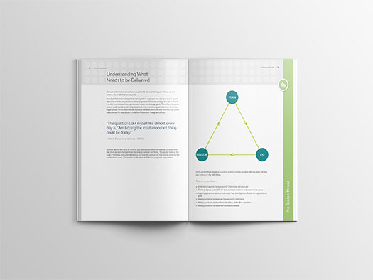 Image shows an internal double spread of the workbook for Training Central's Maximising Results training materials; showing how learners maximise performance in others.