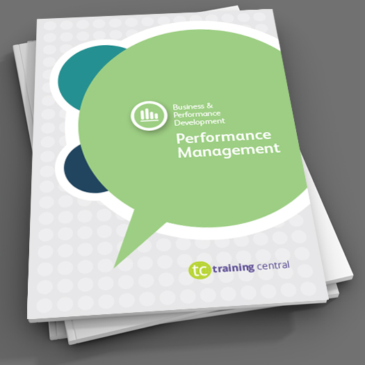 Image shows a close up of the cover of the workbook for Training Central's Performance Management training materials.