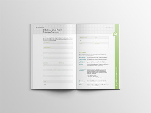 Image shows an internal double spread of the workbook for Training Central's project management training materials.