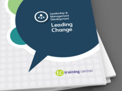Image shows a close up of the cover of the workbook for Training Central's Leading Change training materials.