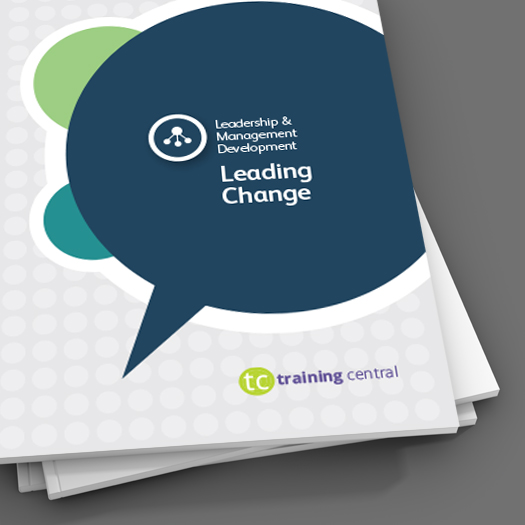 Image shows a close up of the cover of the workbook for Training Central's Leading Change training materials.