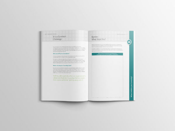 Image shows an inner page, double spread of the workbook for Training Central's Having Difficult Conversations training materials.