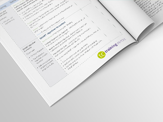 Image of an inner spread of Training Central's script for the SMART objective setting training materials.