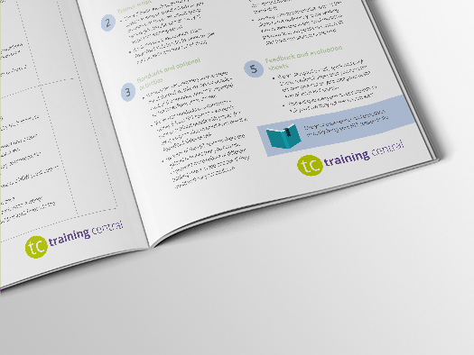 Image of inner spread of Training Central's trainer guidance for the SMART objective setting training materials.