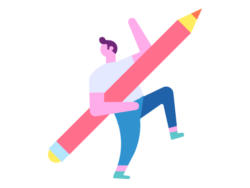 Illustration of a person with pencil excited to create their leadership brand as part of training game.