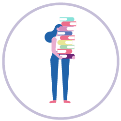 Illustration shows a lady holding a lot of training documents all staked on top of each other