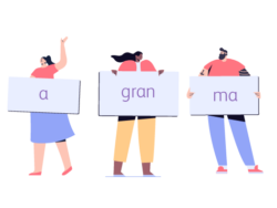 Image shows illustration of three people holding up signs, playing the energiser Anagram Names. The signs spell out the Anagram ‘A Gran Ma’.
