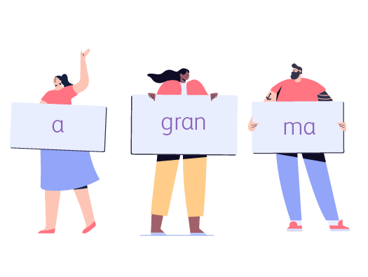 Image shows illustration of three people holding up signs, playing the energiser Anagram Names. The signs spell out the Anagram ‘A Gran Ma’.