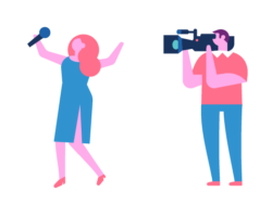 Image shows illustration of a woman singing and a man filming as used in the game Charades.