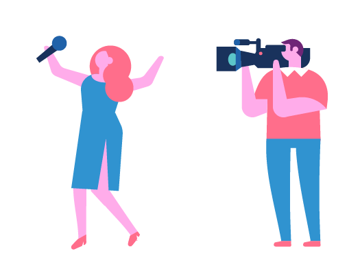 Image shows illustration of a woman singing and a man filming as used in the game Charades.