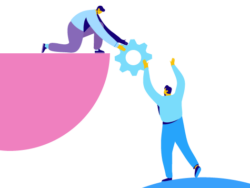 Illustration of man passing cog to another man - showing creative thinking