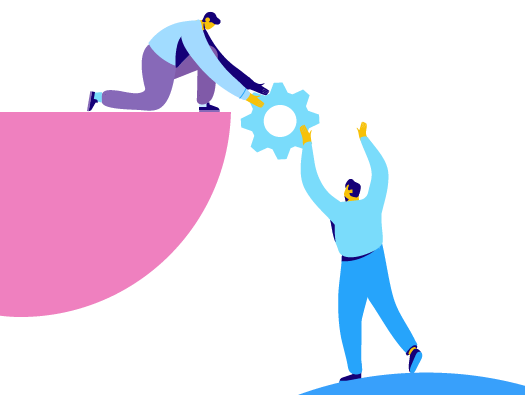 Illustration of man passing cog to another man - showing creative thinking