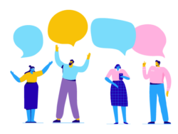 Image shows illustration of several colleagues with speech bubbles over their heads showing an example of how people communicate with others.