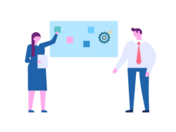 Image shows illustration of two colleagues discussing goals and action planning on a whiteboard to support the delivery of the business goals