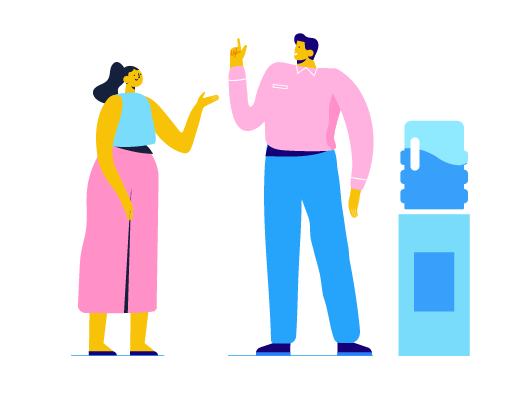 Image shows illustration of man and woman gossiping around the water cooler depicting impact on organisational culture