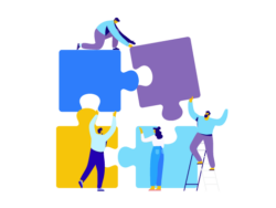 Image shows illustration of people using lateral thinking by using ladders to put together an oversized jigsaw.