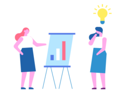 Image shows an example of how people learn from others through an illustration of a woman explaining a graph on a chart and a second woman with a lightbulb illuminated over her head.