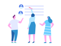 Image shows illustration of three people trying to prioritise tasks into a list.