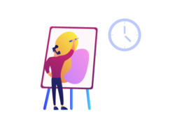 Image depicts Quick Draw communication skills training game through illustration of man drawing on an artist’s easel, with a clock timer in the background