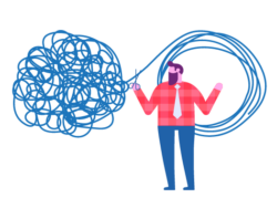 Image shows illustration of man holding scissors about to cut a long rope that has become entangled displaying lateral thinking to solve the problem of the messy rope.