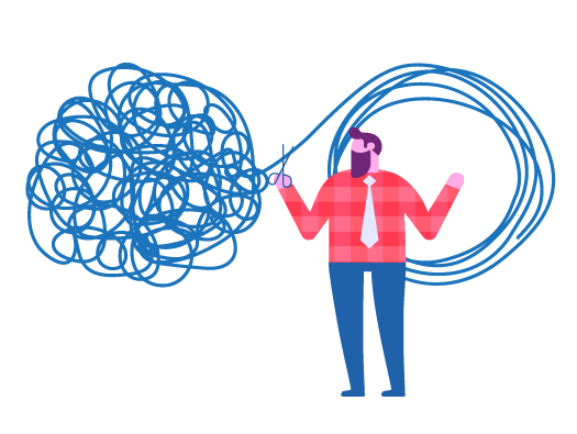 Image shows illustration of man holding scissors about to cut a long rope that has become entangled displaying lateral thinking to solve the problem of the messy rope.