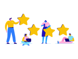 Image shows illustration of four colleagues, each with their own oversized star to depict them giving regular feedback to each other