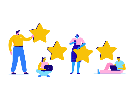 Image shows illustration of four colleagues, each with their own oversized star to depict them giving regular feedback to each other