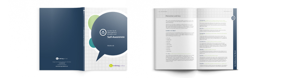 Image shows cover and internal spread of Training Central's self-awareness learning materials
