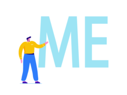 Image shows an illustration of a man stood next to large text reading ‘me’. The image is the logo for the Alphabet Introduction icebreaker exercise.