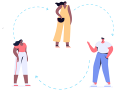 Image shows an illustration of three people interacting with each other. There is an arrow to signal the circular movement that players of the Circulate Icebreaker will follow.