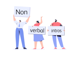 Image shows an illustration of three people, each holding up signs. Collectively the signs read non-verbal introductions, the name of the training icebreaker.