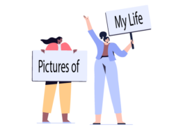 Image shows an illustration of two people, each holding up signs. Collectively the signs read Picture of My Life, the name of the training icebreaker.