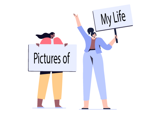 Image shows an illustration of two people, each holding up signs. Collectively the signs read Picture of My Life, the name of the training icebreaker.