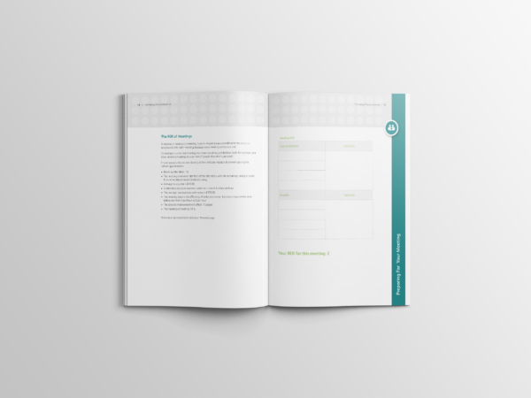 Image shows an internal spread of the workbook for Training Central's running effective meetings training materials.